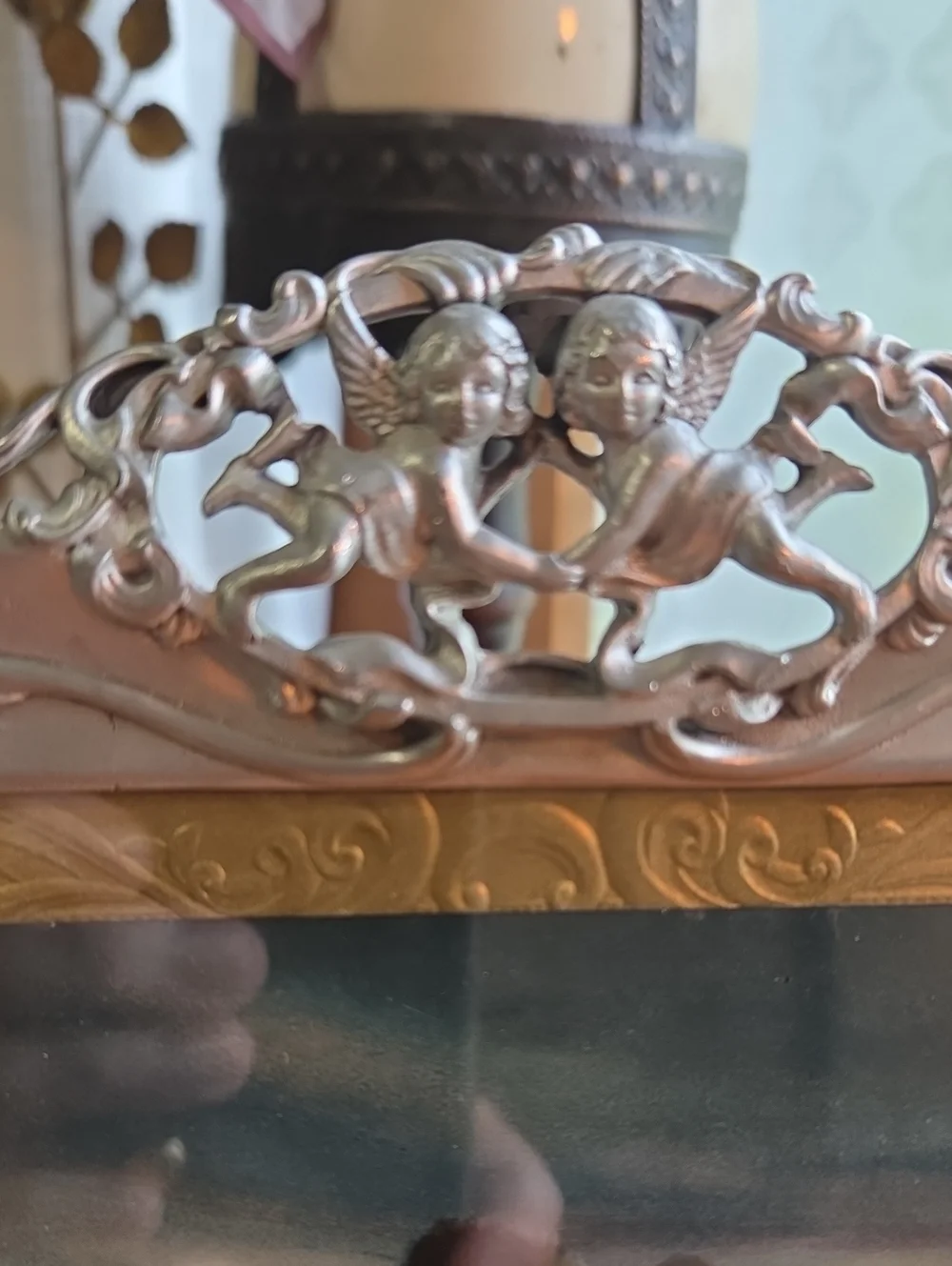 Pewter Ornate  Photo Frame - With 1900s Lovers Postcard
